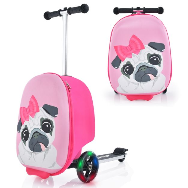 2 in 1 Kinderkoffer und Scooter mit LED Räder 26L Kindertrolley mit Bremse  Hund - Costway
