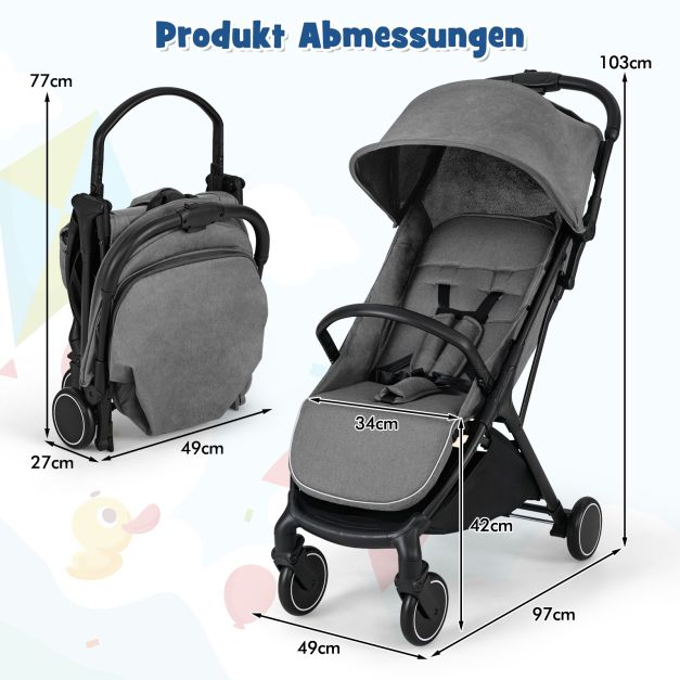 Kinderwagen klappbar Reisebuggy mit Liegefunktion Kinderbuggy tragbar mit  verstellbarer Rckenlehne bis 15 kg Belastbar Grau - Costway