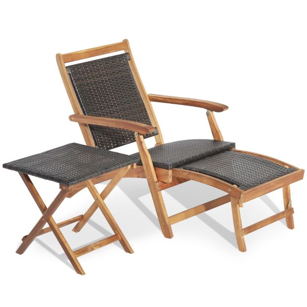 2-teiliges Gartenmöbel-Set aus Stuhl mit Ausziehbarer Fußstütze &  Beistelltisch aus Akazienholz Braun - Costway