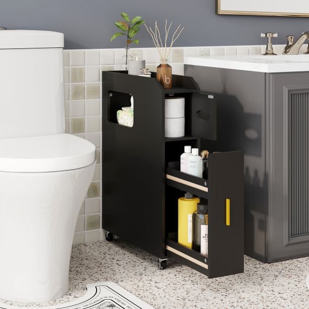 Kleiner Badezimmerschrank 16 cm schmaler Organizer mit ausziehbarer  Schublade Taschentuchbox Schwarz - Costway