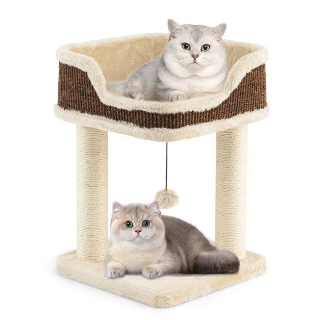 Klein Kratzbaum mit Plschsitz & Ball & Sisal-Kratzsulen Katzenbaum  Katzenkratzbaum Beige - Costway