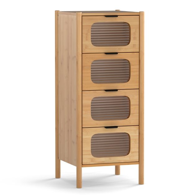 Kommode mit 4 Schubladen Sideboard aus Bambus & Gehrtetes Glas Natur 40 x  40 x 97 cm - Costway