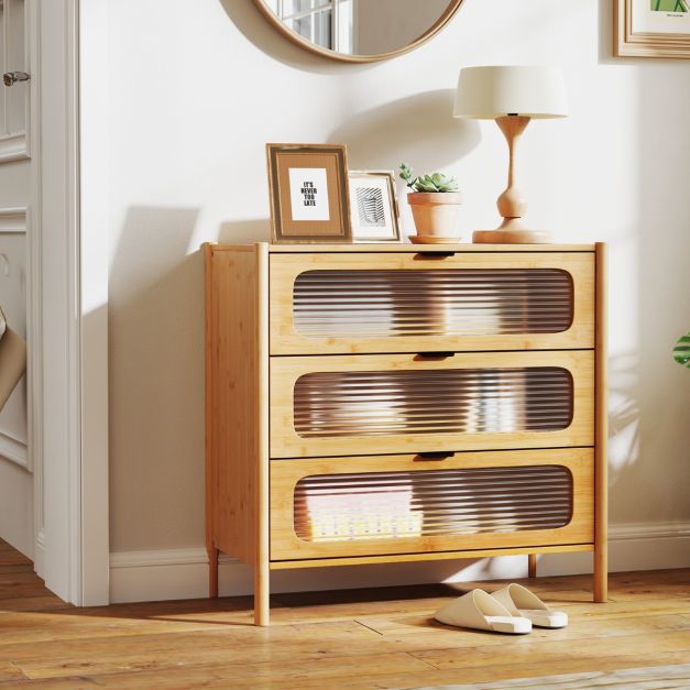Kommode mit 3 Schubladen Sideboard aus Bambus & Gehrtetes Glas Natur 80 x  40 x 78,5 cm - Costway