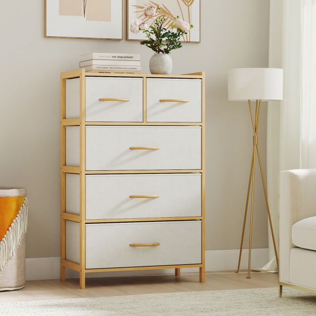 Kommode mit 5 faltbaren Stoffschubladen Bambus Aufbewahrungsschrank mit  oberem Regal Natur - Costway