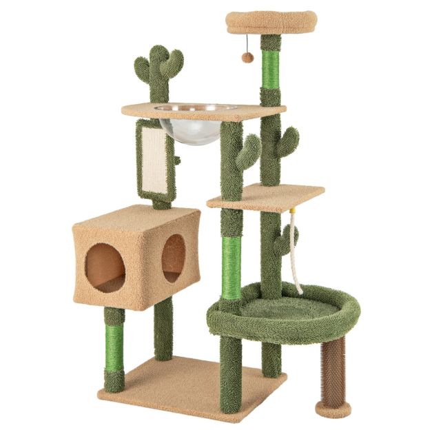 Kratzbaum Kaktus Katzenbaum mit Plattformen Brste Spielzeug Sisalseil Grn  + Braun