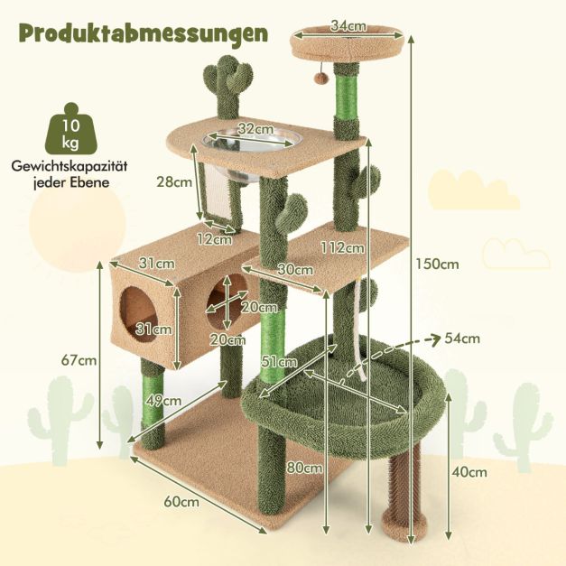 Kratzbaum Kaktus Katzenbaum mit Plattformen Brste Spielzeug Sisalseil Grn  + Braun - Costway