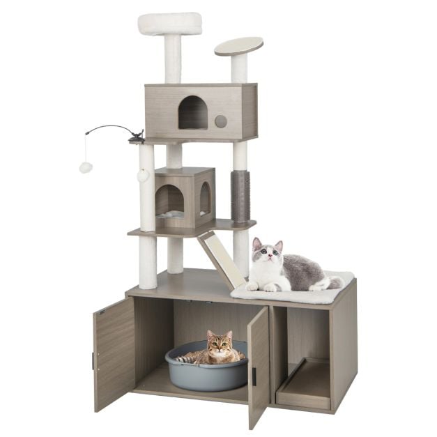 Kratzbaum mit Katzenklo 2-in-1 Katzenbaum mit 2 Husern 95 x 55,5 x 173 cm  Grau - Costway