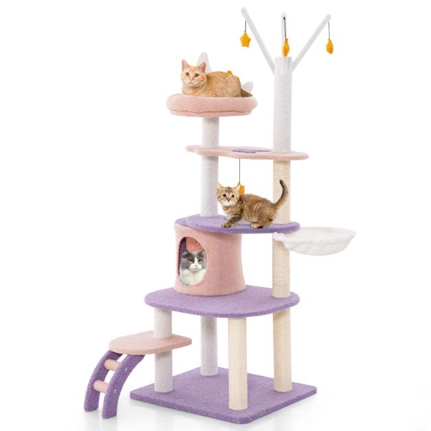 Kratzbaum Katzenbaum mit Katzenhhle & Leiter & Hngematte & Spielzeug 59 x  49 x 158cm Lila+Rosa