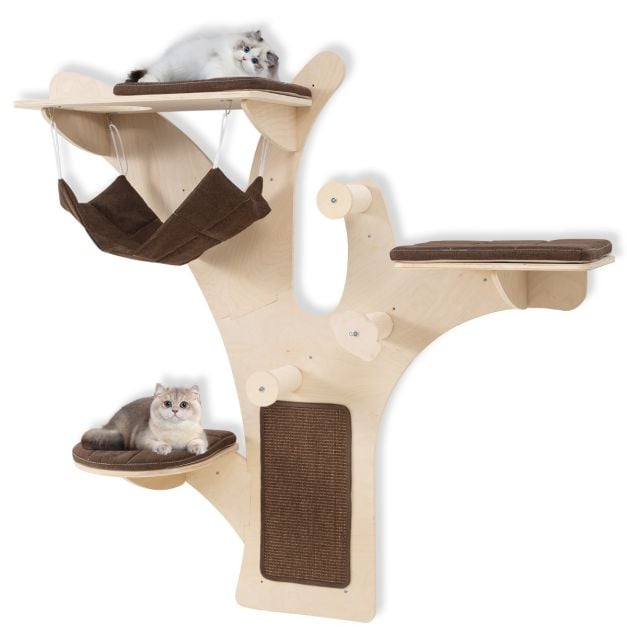 Katzen Wandelemente Kerbl Katzen Kletterwand TIMBER  Wandkratzbaum Mit  Kratzbrett, Hngematte & Sule  Beige  Mittelgro