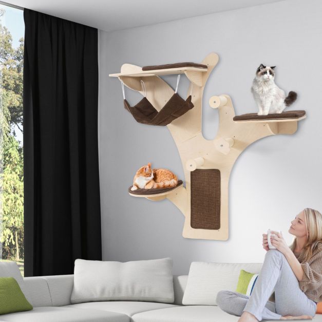 Kratzbaum Wand Katzenwand mit Plattformen Hngematte Kratzpfosten Braun