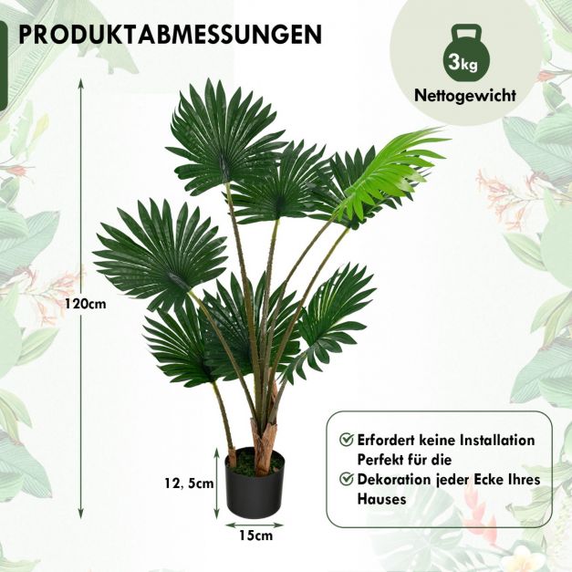120 cm Hohe Fcherpalme Knstliche Tropische Palme mit Zementtopf & 8 Groe  Bltter - Costway