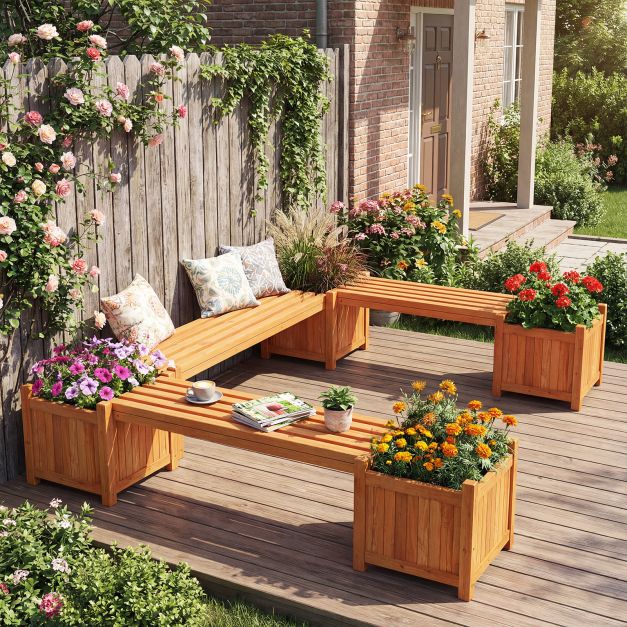 Massivholz Holzbank mit 2 Seitlichen Pflanzksten Blumenkasten mit  Gartenbank Sitzbank Orange