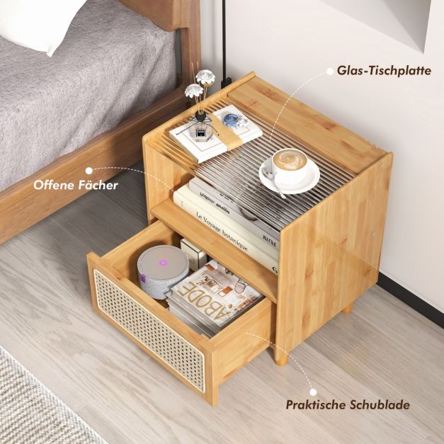 Nachttisch aus Bambus & Rattan mit Schublade Beistelltisch mit Verstecktem  Stauraum Natur - Costway