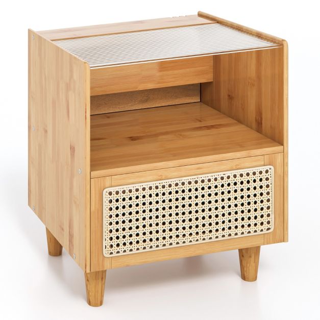 Nachttisch aus Bambus & Rattan mit Schublade Beistelltisch mit Verstecktem  Stauraum Natur - Costway