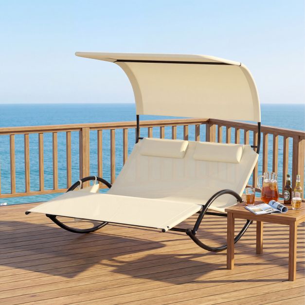 Sonnenliege fr 2 Personen Doppelliege mit Dach und 2 abnehmbaren  Kopfsttzen 182 x 137 x 165 cm Grau/Schwarz/Beige - Costway