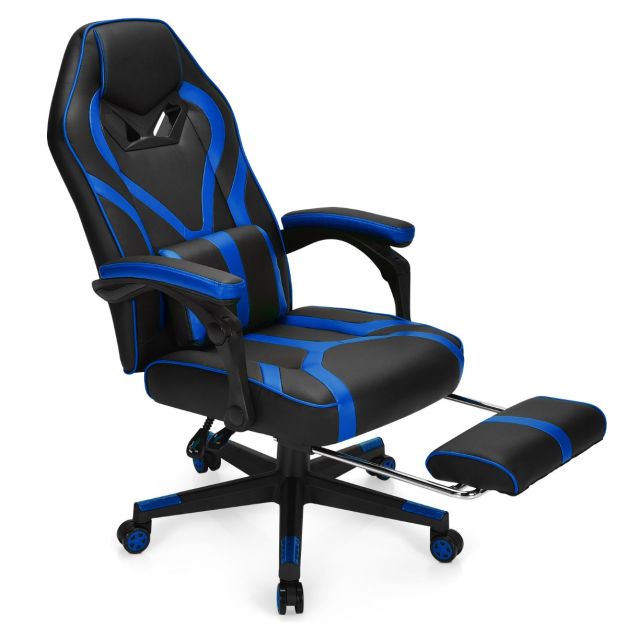 Gaming Stuhl PC-Stuhl Bürostuhl mit Einziehbarer Fußstütze Lendenkissen Blau