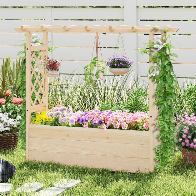 Hochbeet mit Rankgitter & hngendem Dach Pflanzkasten mit Rankhilfe &  Abflusslchern Natur 115 x 40 x 103 cm - Costway