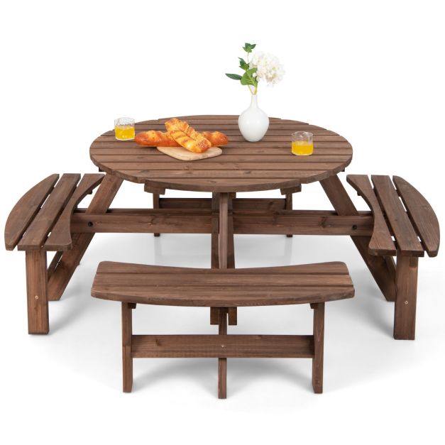 Picknicktisch-Set aus Holz für 8 Personen mit Schirmloch Braun