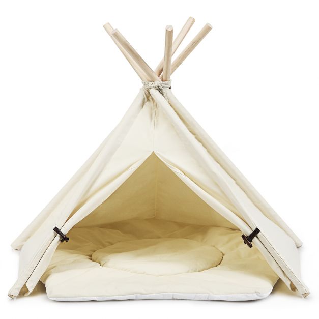 Tipi fr Haustiere Zelt mit dickem und rutschfestem Kissen tragbares  Haustierhaus Hundezelt Katzenzelt Beige - Costway