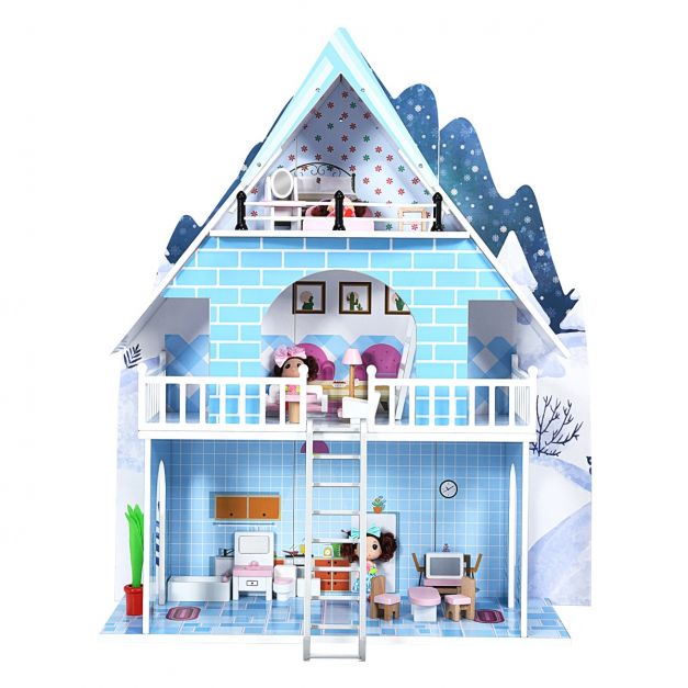 Costway Puppenhaus Spielzeughaus Holz Barbiehaus mit mit 15 Möbeln und 3 niedlichen Puppen für Kinder ab 3 Jahren