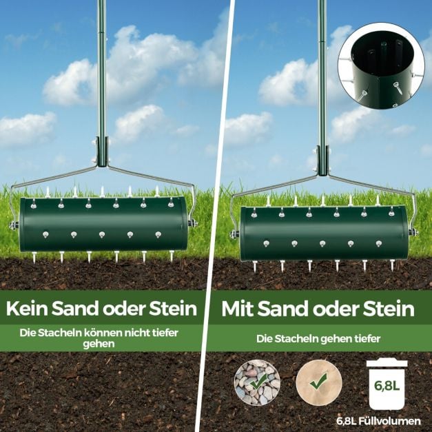 Manuell Walze Rasenlfter mit Stiel & Ngeln Rasenrolle Handvertikutierer  Rasenbelfter 53 x 130 cm - Costway