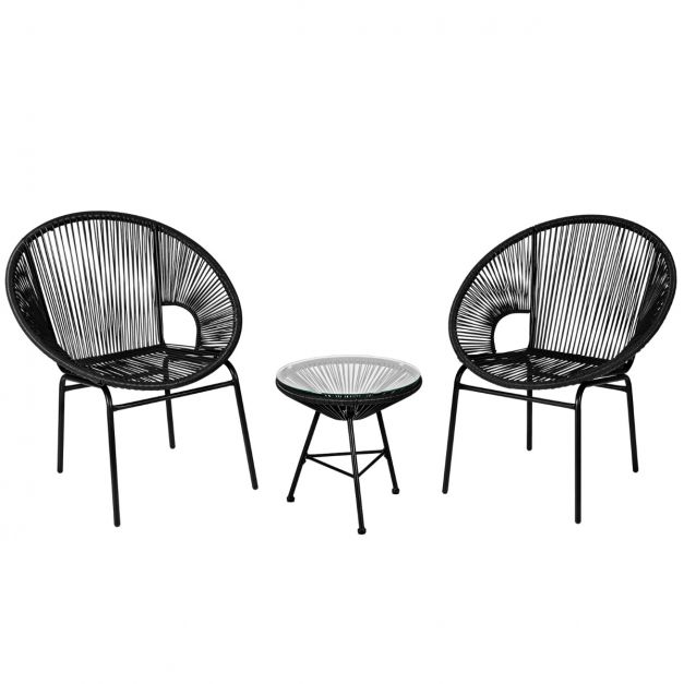 3-teiliges PE Rattan Möbelset Bistro-Set mit Tisch aus Hartglas für  Terrasse 72,5 x 65,5 x 82,5 cm Schwarz - Costway