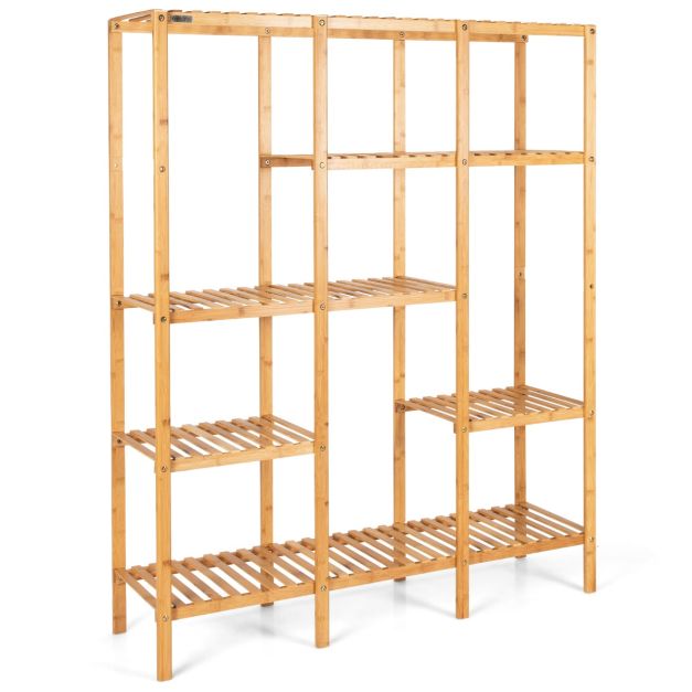 Pflanzenregal Bambus Standregal mit 5 Ebenen Blumentreppe Pflanzenstnder  mit Hngegestell 114 x 31 x 141 cm Natur - Costway
