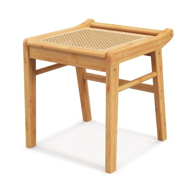 Bambus Kosmetikhocker mit Rattan-Oberflche & rutschfesten Fupads stabiler  Hocker mit Verstrkungsstange - Costway