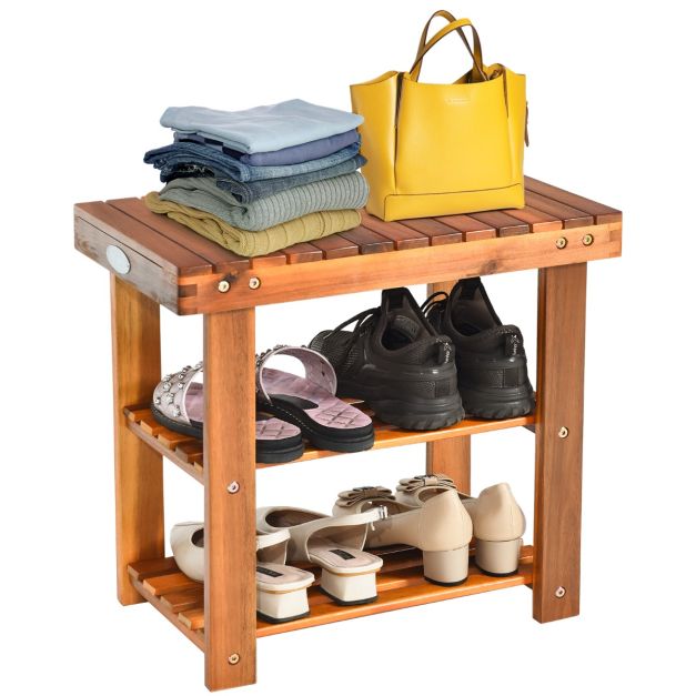 Schuhregal mit Sitzbank & 2 Ablagen Schuhschrank aus Holz Schuhständer 50 x  28 x 45 cm - Costway