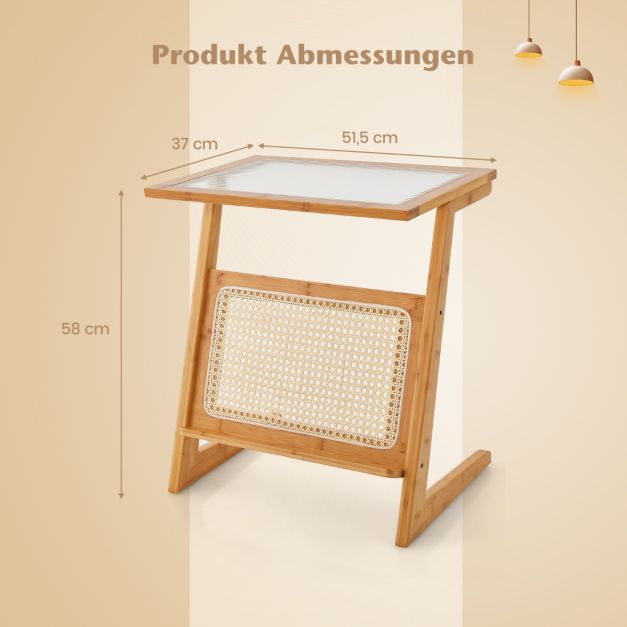 Bambus Beistelltisch mit Rattan Zeitschriftenhalter & Glasplatte Z-frmiger  Couchtisch Sofatisch - Costway
