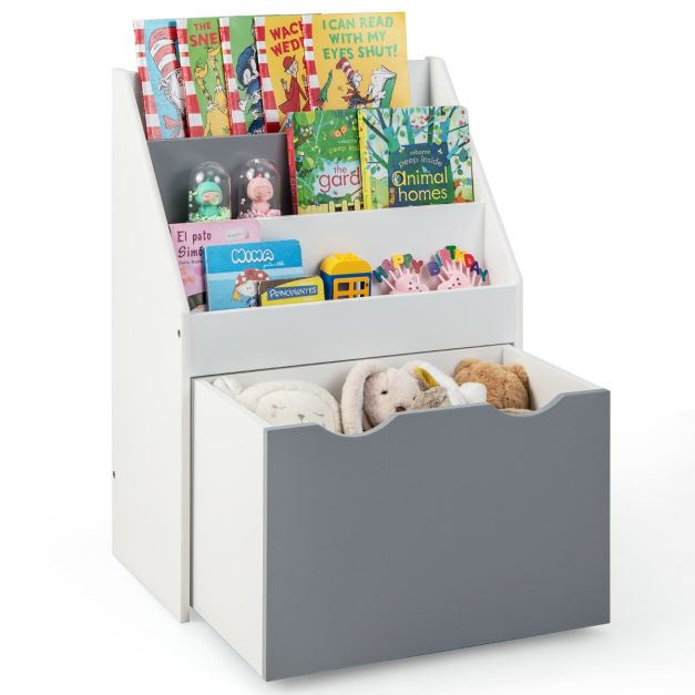 Kinderregal mit 3 Ablagen & Rollender Spielzeugkiste Kinder Bücherregal  Grau + Weiß - Costway