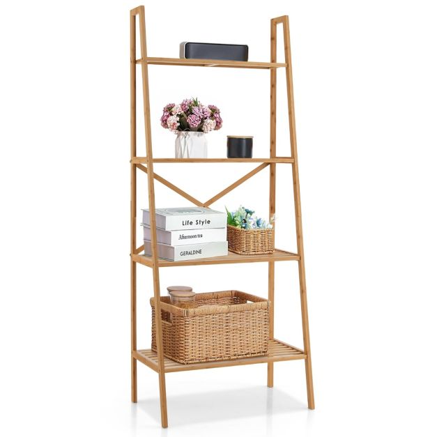 Leiterregal aus Bambus mit Kippschutz 4 Ebenen Bcherregal 60 x 35,5 x 148  cm Natur - Costway