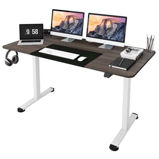 140 x 70 cm Elektrischer Höhenverstellbarer Schreibtisch mit  Stopp-Mechanismus & Haken Dunkelgrau - Costway