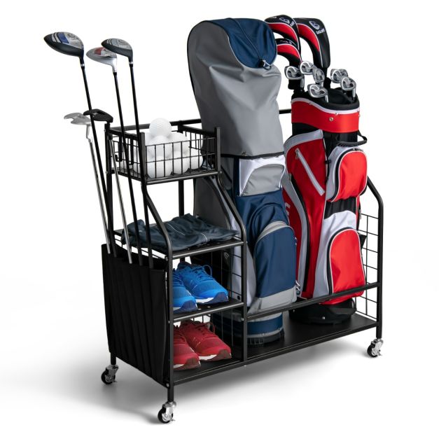 Golftaschenständer für die Garage Wagen für Golfausrüstung