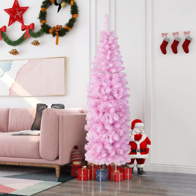 180 cm Knstlicher Bleistift Weihnachtsbaum mit 250 Kaltweien LEDs Schlank  Christbaum Rosa - Costway