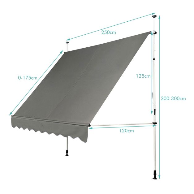 Klemmmarkise Balkonmarkise hhenverstellbar Markise mit Handkurbel  Sonnenschutz 250 x 120 cm Grau - Costway