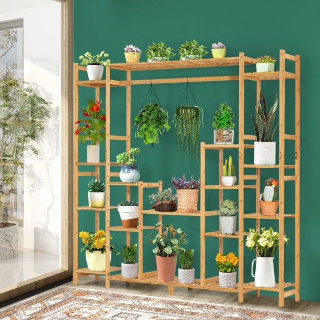 Pflanzenregal aus Bambus mit 9 Ebenen & Hngegestell Standregal Raumteiler  Blumenregal 167 x 30 x 166 cm - Costway