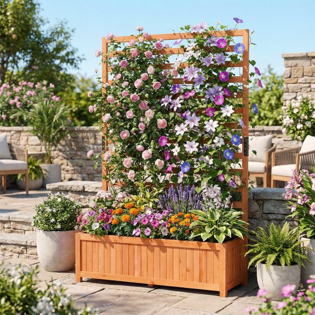 Vertikales Hochbeet aus Fichtenholz mit Spalier & Drainage Blumenkasten mit  Sichtschutz Orange - Costway