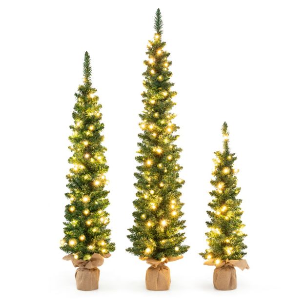 Knstlicher Weihnachtsbaum 3er Set Bleistift Tannenbaum mit Beleuchtung Grn