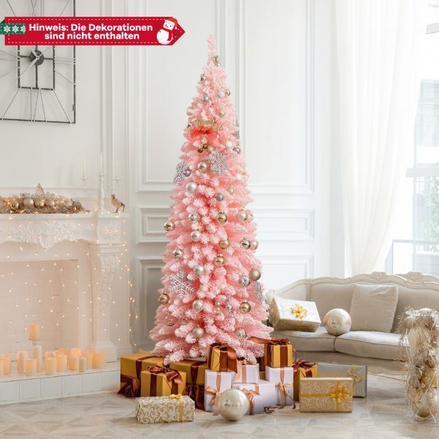 Knstlicher Weihnachtsbaum Bleistift 180 cm Tannenbaum mit Schnee Christbaum  mit 460 Zweigspitzen Rosa - Costway