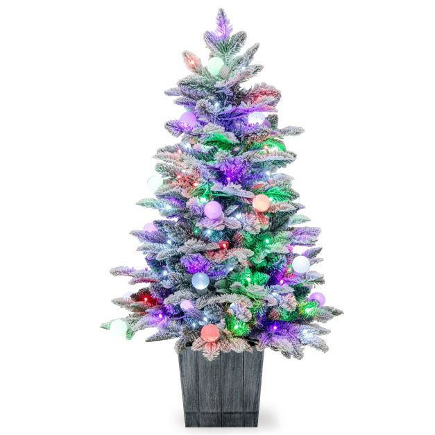 100cm Knstlicher Weihnachtsbaum beflockter Tannenbaum mit 80 mehrfarbigen  LED-Lichtern - Costway