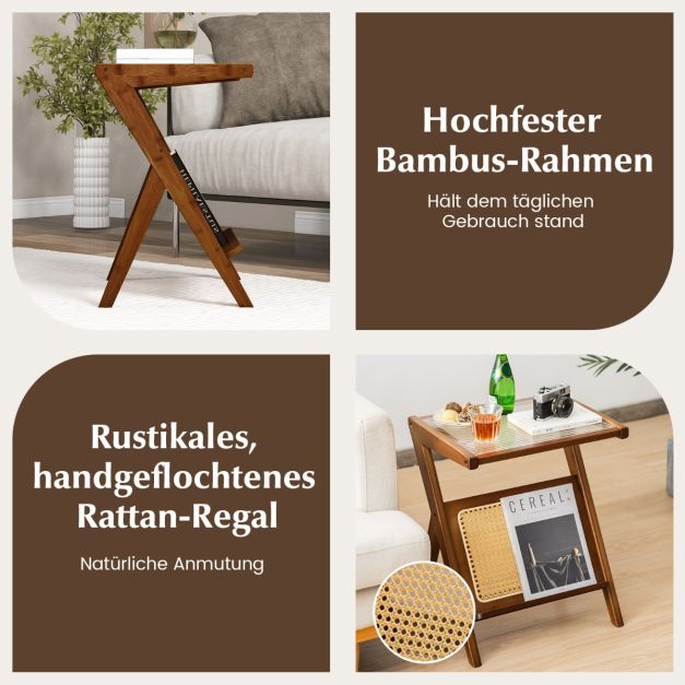 Bambus Beistelltisch mit Rattan Magazinhalter & Glasplatte Z-frmiger  Couchtisch Walnuss - Costway