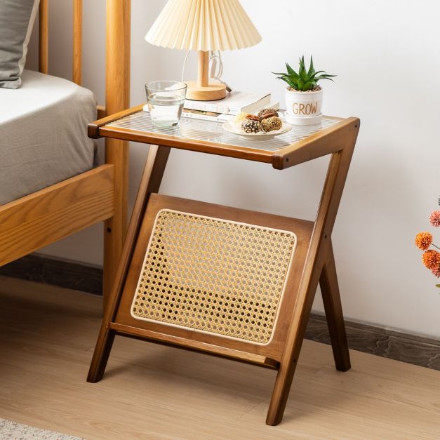 Bambus Beistelltisch mit Rattan Magazinhalter & Glasplatte Z-frmiger  Couchtisch Walnuss - Costway