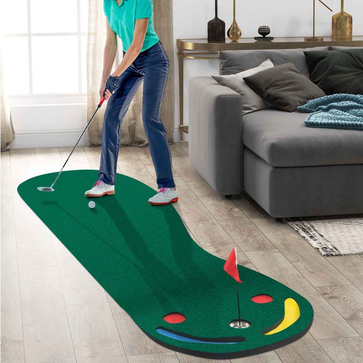 Costway 300 x 96 cm Golf Puttingmatte mit 3 Putting Cups & 1 Fahne Faltbare Golfmatte Übungsmatte Grün