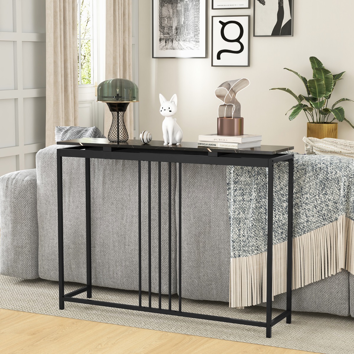 Costway Konsolentisch Sofatisch aus Kunstmarmor 120 x 30 x 90 cm Schwarz