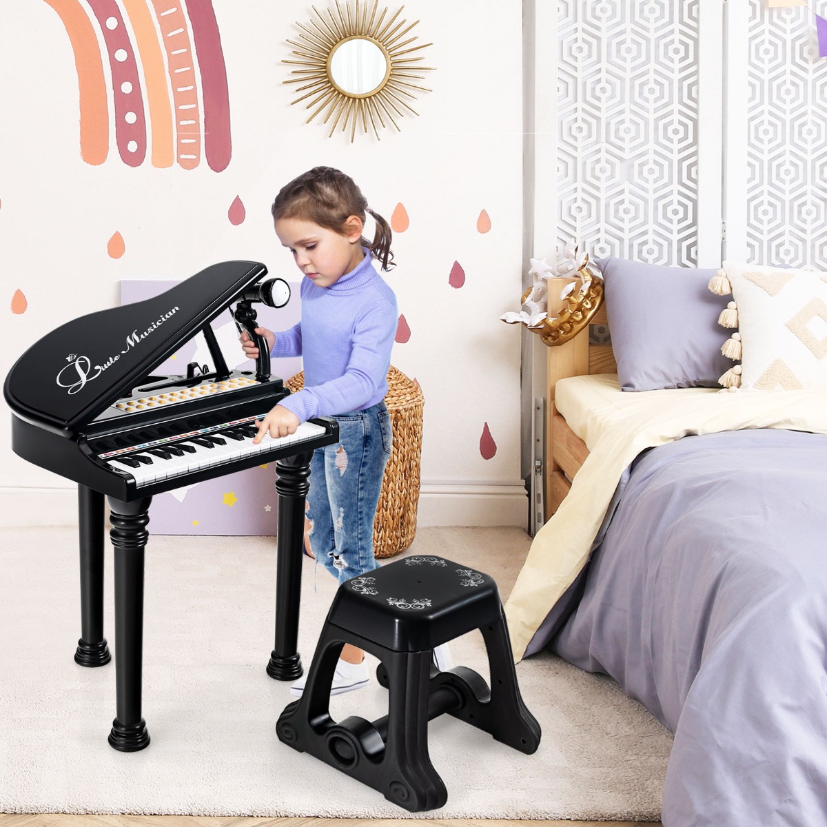 Costway Kinderklavier mit 31 Tasten & Hocker Spielzeugklavier tragbar 35 x 30 x 55 cm Schwarz
