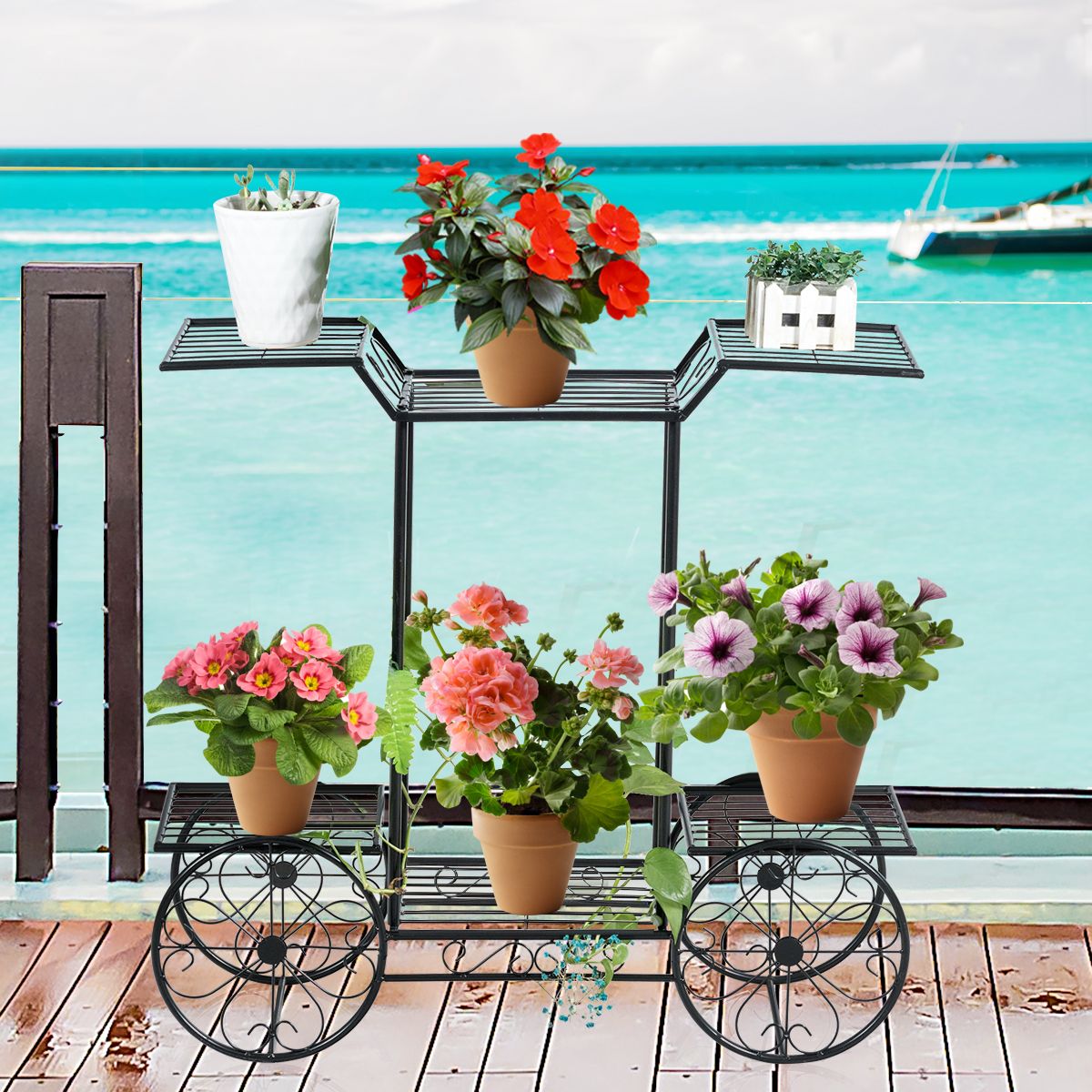 Dekor-Blumenständer Pflanzenständer mit 6 Ablagen Freistehender Blumenwagen für Innen und Außen Metall schwarz 80,5 x 25 x 75